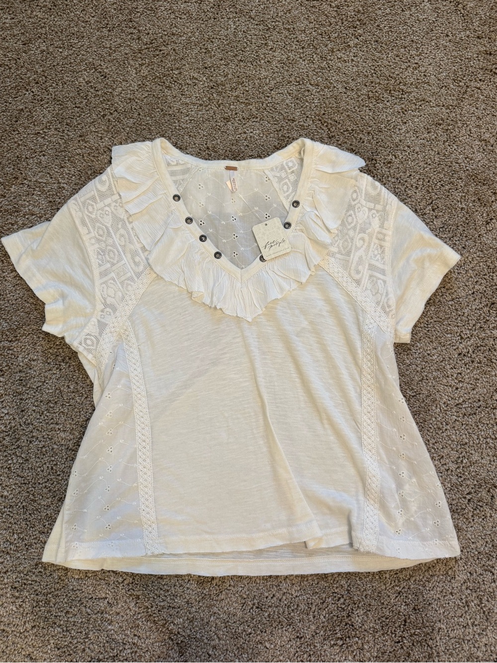 Free People Cream Ruffle Trim Lace Inset Short Sleeve Top